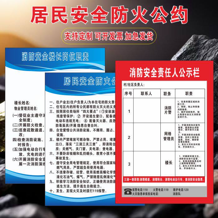 消防安全责任人公示栏居民安全防火公约消防安全楼长岗位职责贴纸