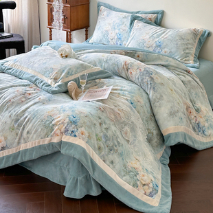法式高端轻奢牛奶绒加厚四件套印花被套珊瑚毛绒床单蓝色保暖床品