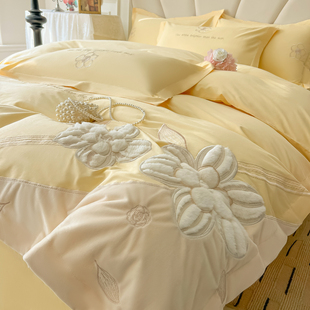 仙气黄色100全棉花卉刺绣四件套轻奢主卧室被套纯棉床单高端床品