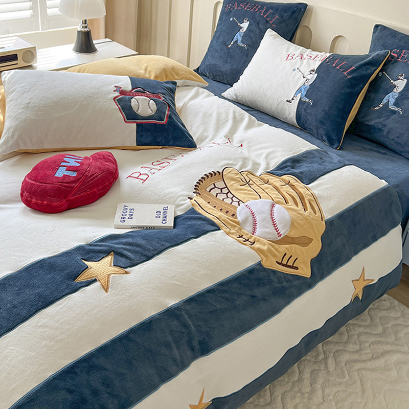 高端棒球手刺绣牛奶绒四件套冬季