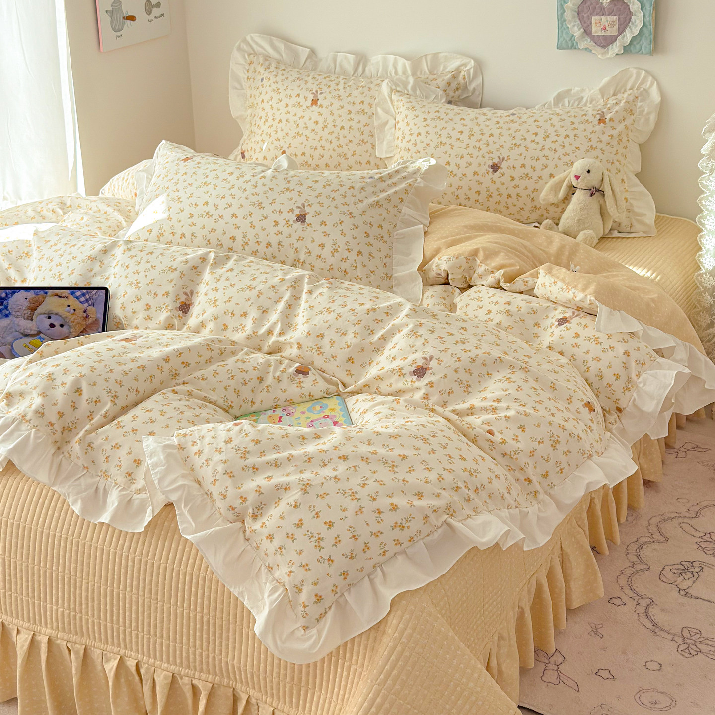 小清新100全棉夹棉床盖兔子四件套印花被套纯棉花边可爱床上用品4,床上用品,床品套件/四件套/多件套,淘宝优惠券,粉丝福利购,淘宝优惠卷