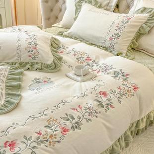 高端牛奶绒复古绿色四件套保暖珊瑚绒被套秋冬季床盖仙气法式床品