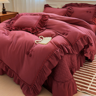 酒红色复古高级感全棉双层纱花边四件套樱桃结婚被套纯棉床盖床品