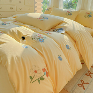 小清新花卉刺绣100全棉四件套黄色被套纯棉床单高端少女心1.8床品
