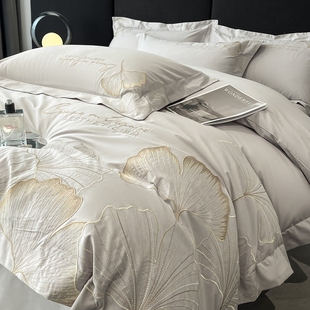 高级感银杏刺绣100全棉四件套轻奢纯棉被套床单床笠大气奢华床品4