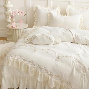 冬季A类仙气白色牛奶绒四件套夹棉床盖公主风被套珊瑚绒床单床品4