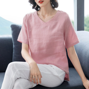 短袖 女简约舒适纯亚麻上衣大码 宽松夏装 v领衬衫 短款 棉麻苎麻T恤衫