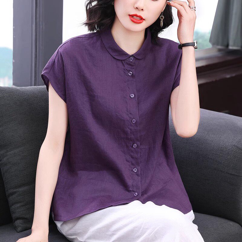 2026夏新款100%亚麻短袖衬衫清爽透气文艺百搭落肩蝙蝠袖女士衬衣