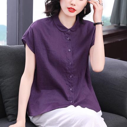 2026夏新款100%亚麻短袖衬衫清爽透气文艺百搭落肩蝙蝠袖女士衬衣