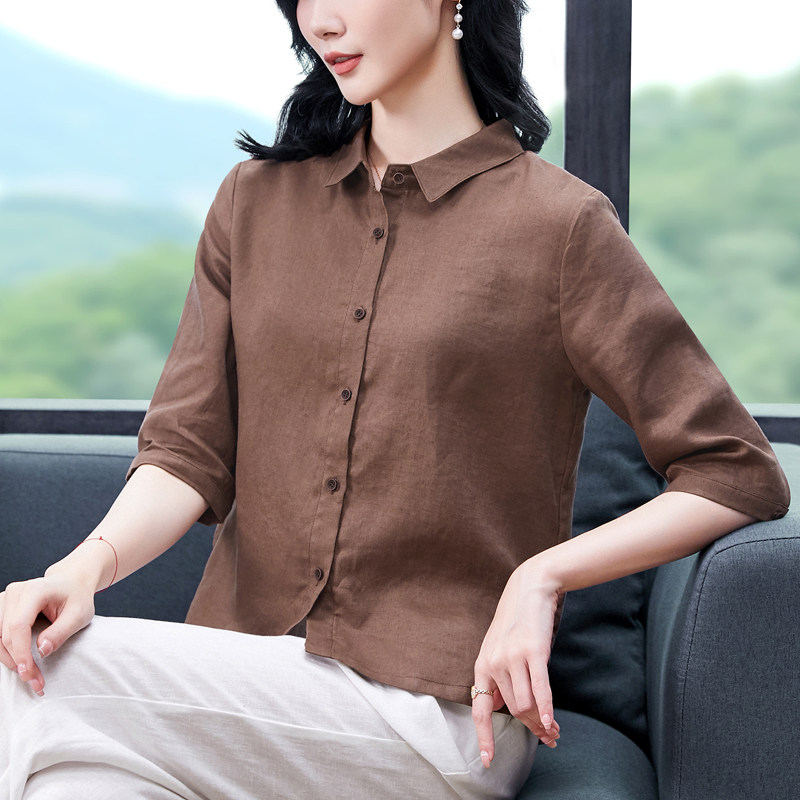 2026早春秋新款高端纯亚麻休闲衬衫文艺宽松短款五分袖麻料衬衣女