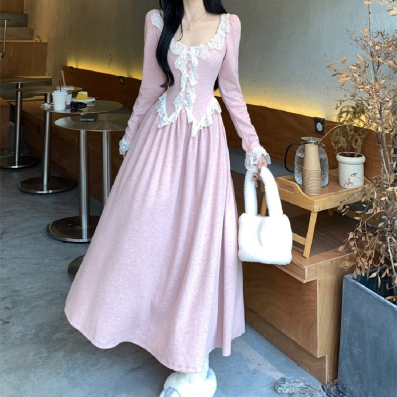 大码胖mm甜美温柔风蕾丝花边收腰内搭连衣裙女秋冬显瘦打底长裙子