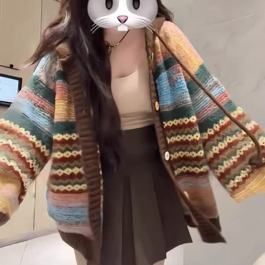 大码胖mm复古氛围感撞色条纹连帽针织开衫上衣女秋冬显瘦毛衣外套,女装/女士精品,大码套装,淘宝优惠券,粉丝福利购,淘宝优惠卷