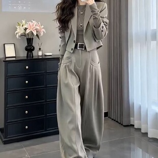 大码胖mm韩系甜酷高级感西装外套阔腿长裤女秋冬气质辣妹两件套装