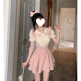 大码 背带蓬蓬裙女夏显瘦两件套 胖mm甜美学院风娃娃领衬衫 粉色飞袖
