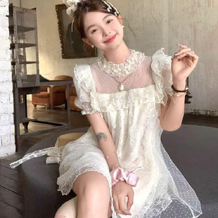 胖mm甜美高级感蕾丝网纱白色公主连衣裙女春夏显瘦仙女娃娃裙 大码