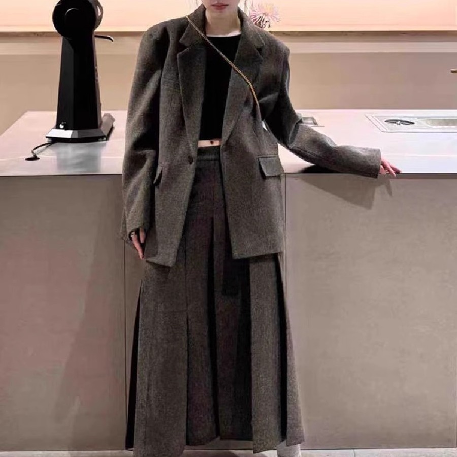 复古格雷系毛呢子西装外套半身裙