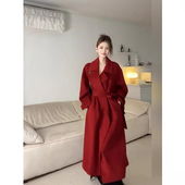领毛呢外套女秋冬中长款 大码 胖mm复古高级感红色系带西装 呢子大衣