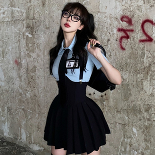 大码胖mm甜辣学院风蓝色衬衫收腰百褶背带裙女春夏辣妹显瘦两件套