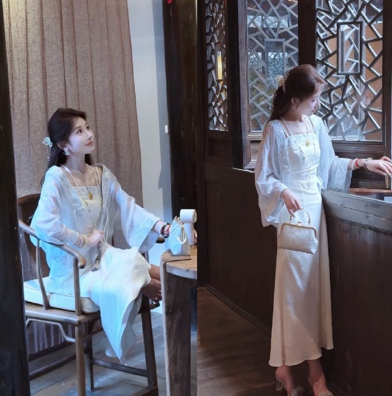大码胖mm新中式国风高级感提花吊带连衣裙开衫女秋仙女旗袍裙套装