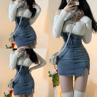 大码 胖mm纯欲风露肩上衣高腰牛仔背带裙女春夏辣妹包臀短裙两件套