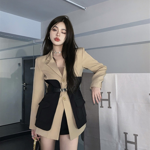 大码 连衣裙女秋冬辣妹显瘦西服裙子潮 胖mm高级感拼接撞色收腰西装