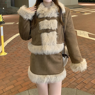 大码胖mm美拉德鹿皮绒拼接毛毛领毛呢外套半身裙女秋冬显瘦两件套