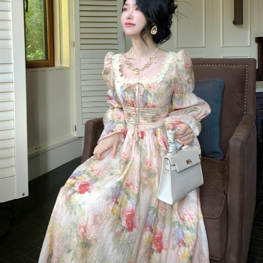 蔷薇画廊法式高级感油画碎花长裙