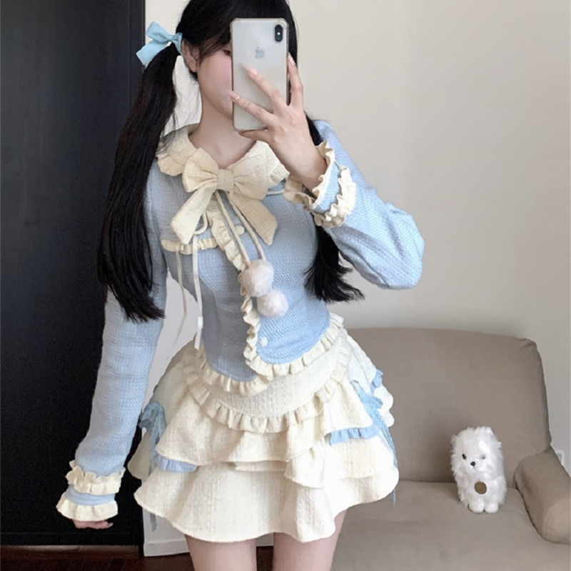 甜欲软妹奶蓝小香上衣蓬蓬裙穿搭