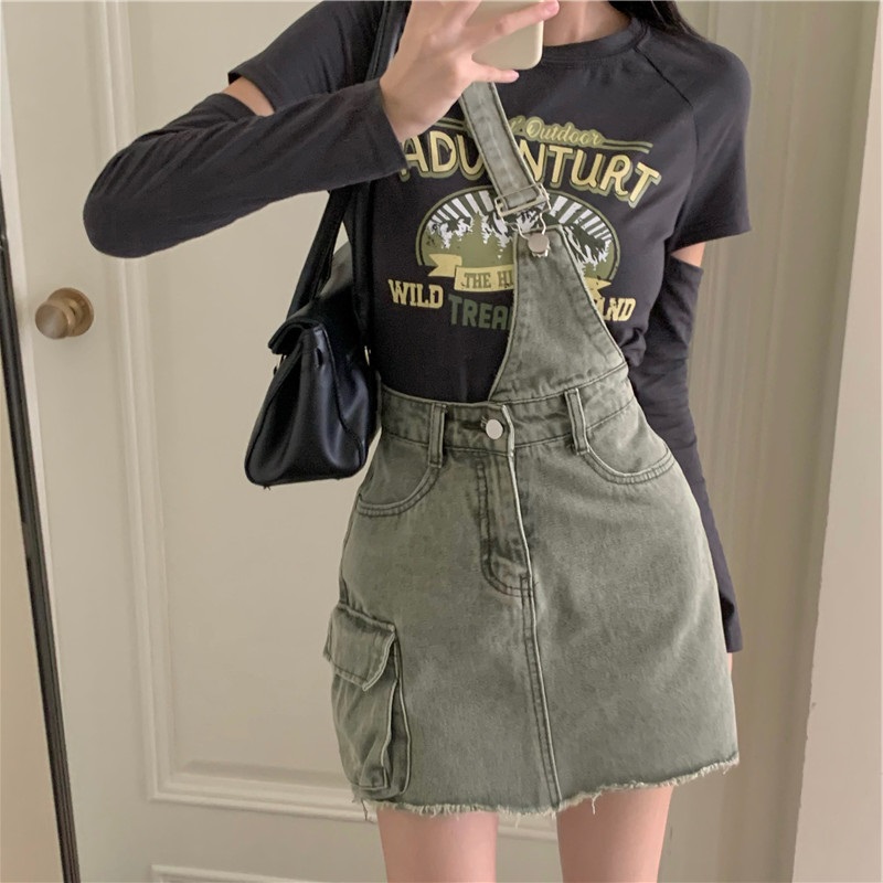 甜酷辣妹单肩牛仔背带裙万能穿搭