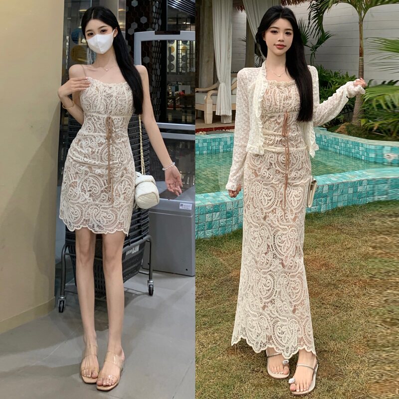 大码胖mm纯欲高级感收腰蕾丝吊带连衣裙开衫女夏显瘦包臀裙两件套