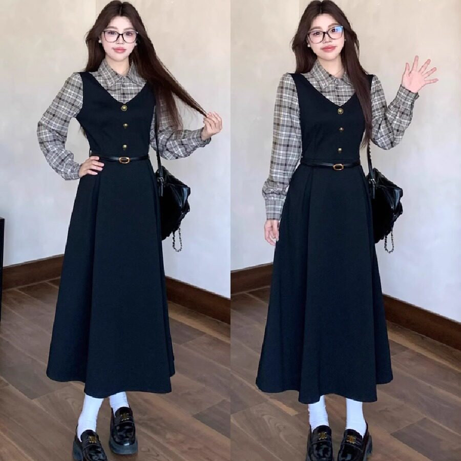 雅致书卷学院风高级感假两件长裙