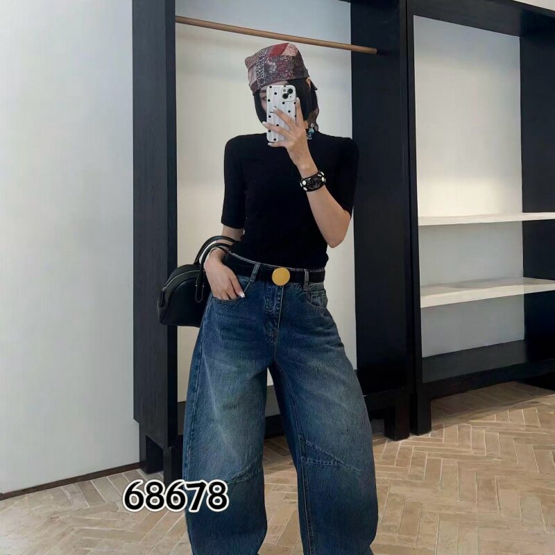 索玛拉68678秋款新品简洁时尚百搭高腰时尚宽松无弹牛仔弯刀裤