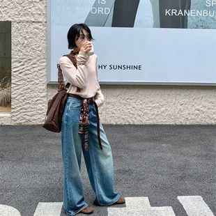 安绮斯58656秋款新品简洁时尚宽松高腰拖地牛仔阔腿裤