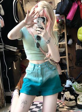 绿色渐变牛仔短裤女2023夏季新款宽松韩版百搭高腰a字阔腿热裤潮