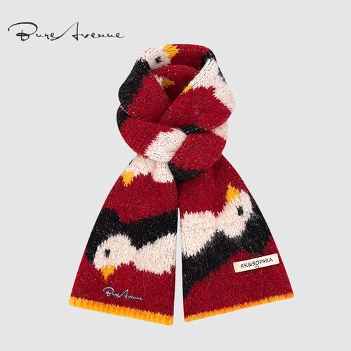 Bure Avenue日系可爱小企鹅羊绒针织围巾女秋冬季学生保暖围脖潮