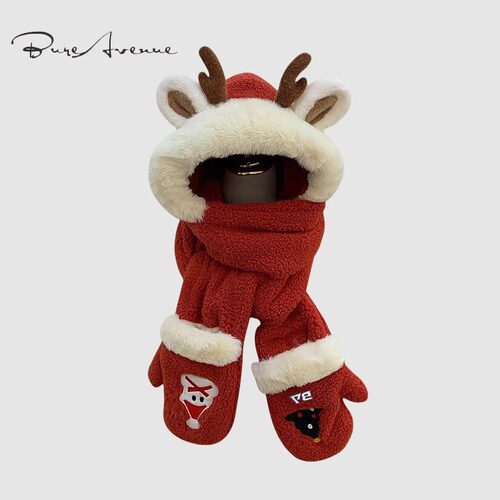 Bure Avenue圣诞礼物红色鹿角毛绒帽围巾手套一体防寒护耳雷锋帽
