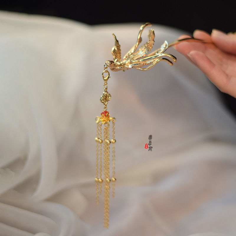 偏凤钗纯铜镀金秀禾凤凰发簪女古法鎏金复古婚嫁礼凤簪汉服头饰