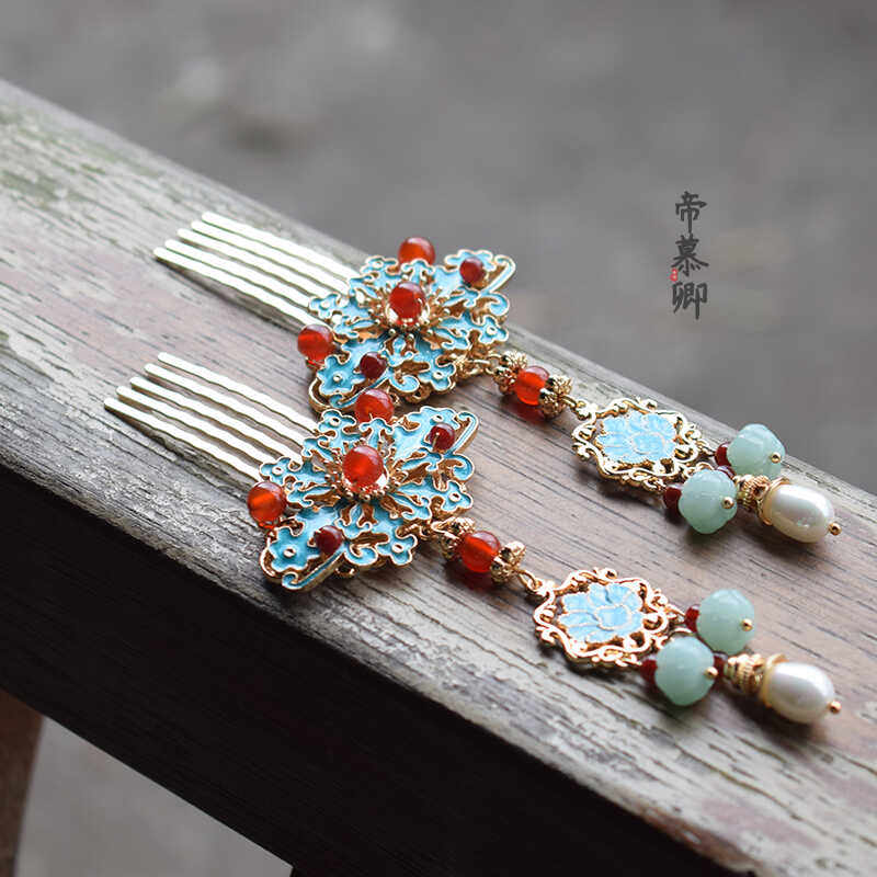 仿点翠烧蓝发簪汉服古风明制旗袍流苏步摇日常头饰