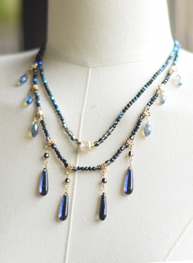 帝慕卿手作盈梦璎珞渐变蓝黑色璎珞汉服项链清冷风璎珞长水滴吊坠