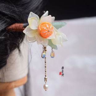 柑橘栀子花发簪琉璃檀木簪挽发盘发汉服头饰步摇簪子 帝慕卿原创