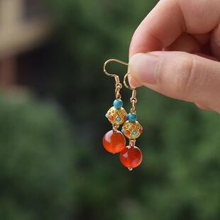 帝慕卿原创耳环唐风耳环彩球铜耳环汉服点缀螺纹耳夹无耳洞