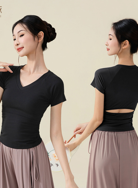 现代舞练功服女短袖V领露背设计专业舞蹈上衣黑色古典舞艺考学生