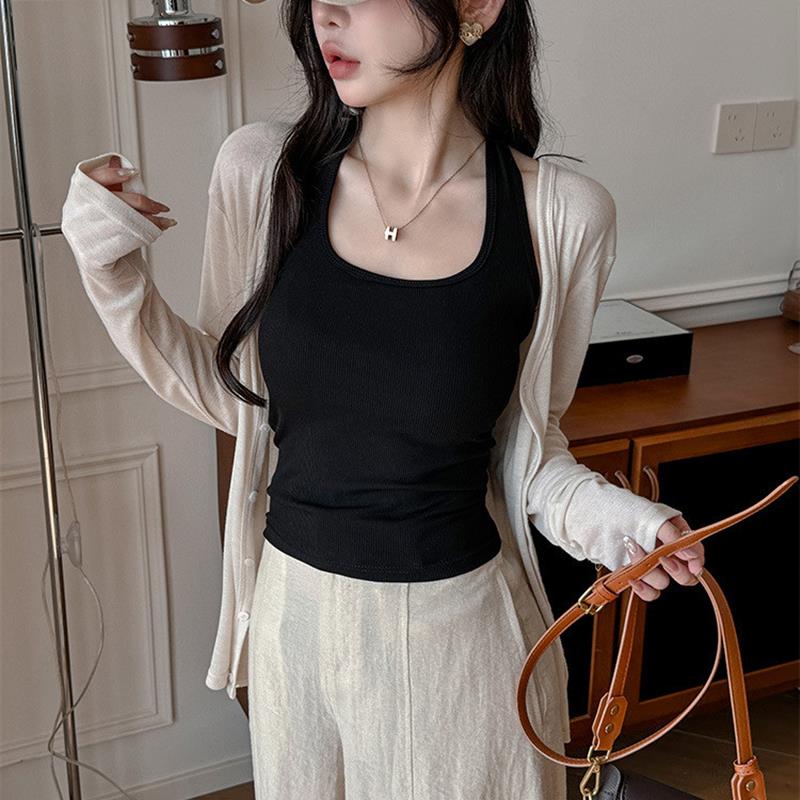 严选夏季新款挂脖设计感吊带小背心女圆领带胸垫一体式可外穿上衣