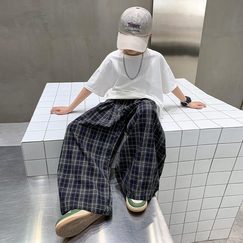 男童裤子夏季薄款2025新款儿童长裤格子防蚊裤男孩春秋阔腿裤大童