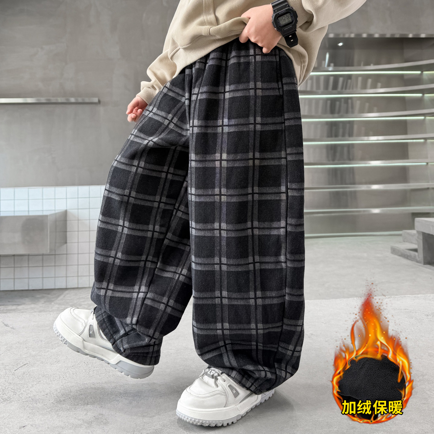 男童裤子秋冬款2025新款儿童加绒加厚格子休闲裤大童男孩冬季卫裤