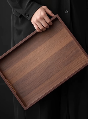 日式胡桃木托盘茶盘竹木展示长方形深色收纳提手家用大号茶具托盘