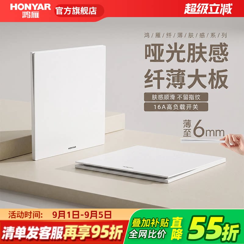 鸿雁超薄开关插座16A面板86型暗装一开五孔10A家用哑光墙壁E9白图片