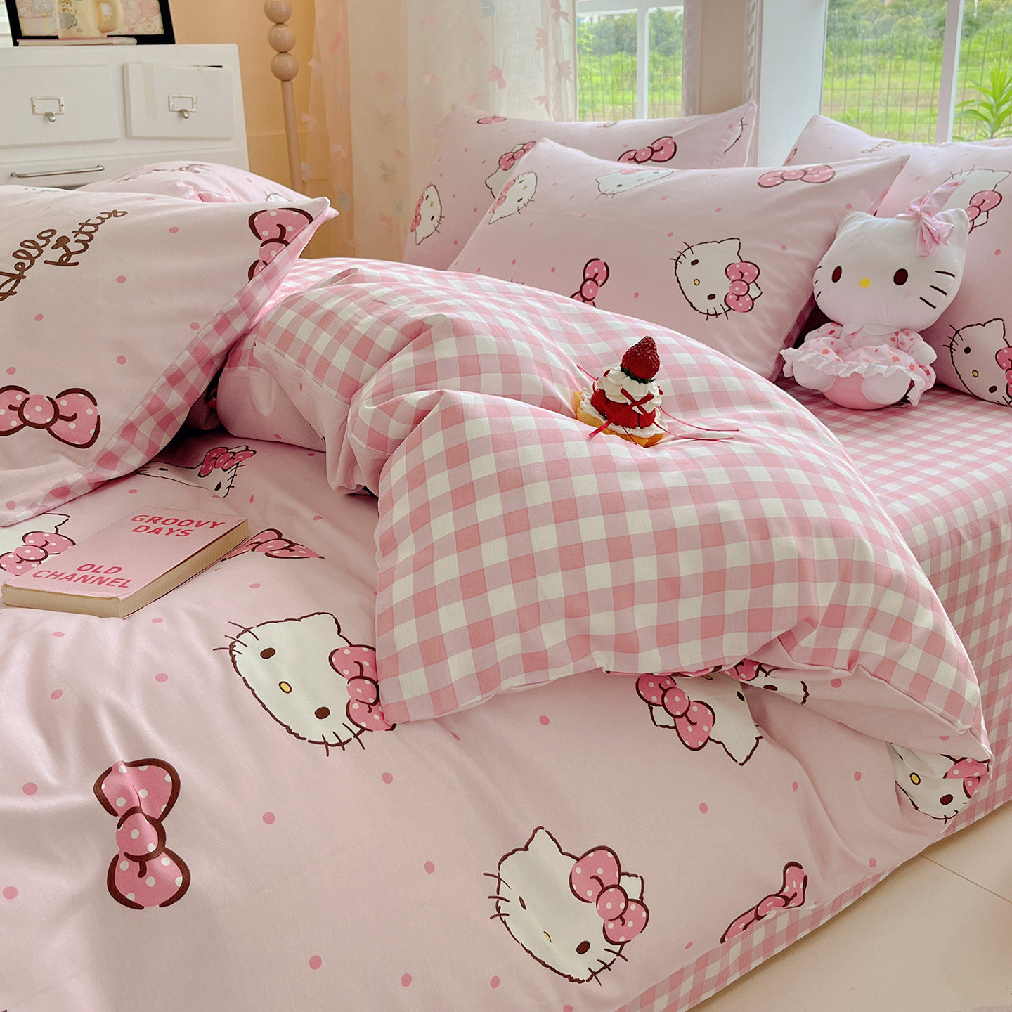 KT猫全棉床上四件套少女心卡通纯棉儿童床品被套床单人三件套粉色