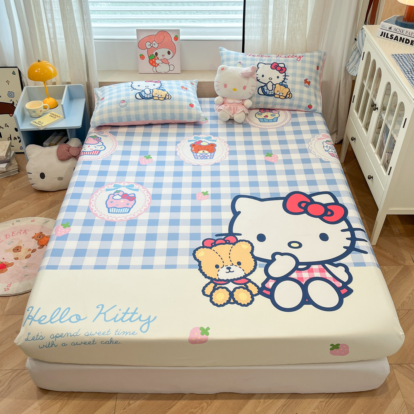 凯蒂猫儿童卡通全棉床笠单件纯棉女孩单双人床垫保护罩套四季通用