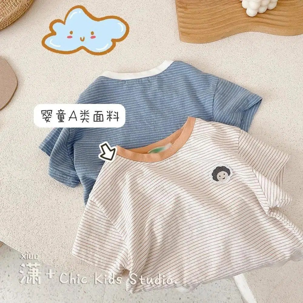 日系棉麻风~夏装洋气条纹儿童短袖T恤男女童宝宝半袖t亚麻打底衫
